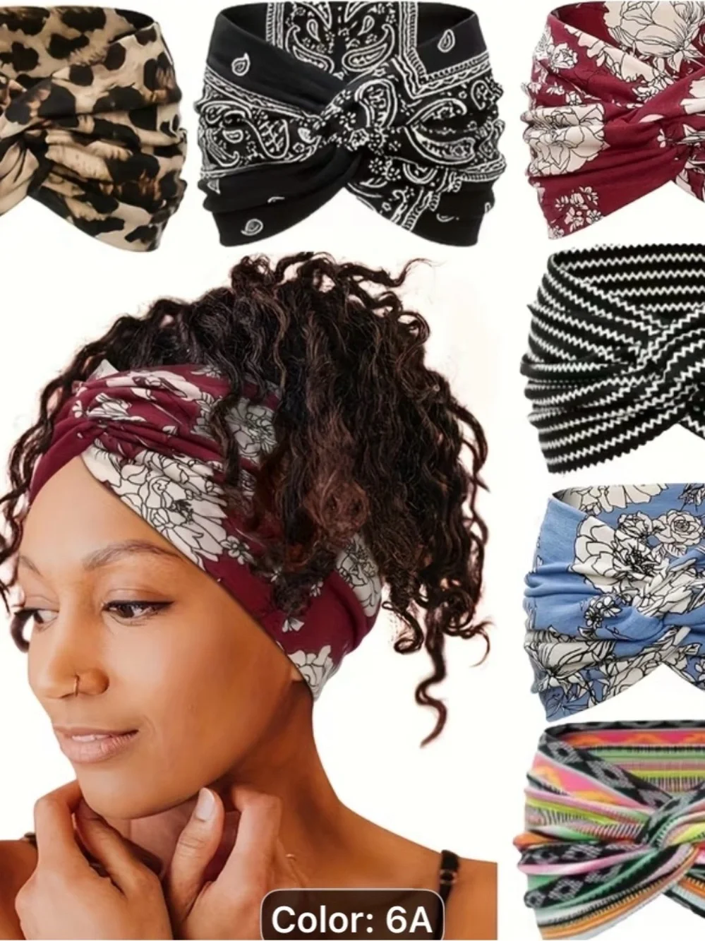 6PCS non-slip elastic Floral Print Twisted Turban Headband - Burgundy/White/bule
